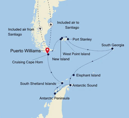 Expedition Cruises | 18-Night Antarctica Cruise: Puerto Williams Iinerary Map