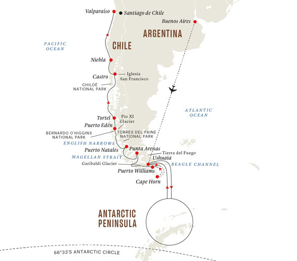 Expedition Cruises | 25-Night Antarctica, Patagonia & Chilean Fjords Iinerary Map