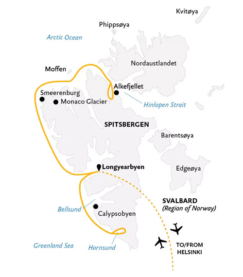 Expedition Cruises | 9-Night Intro to Spitsbergen: Fjords, Glaciers & Wildlife Iinerary Map