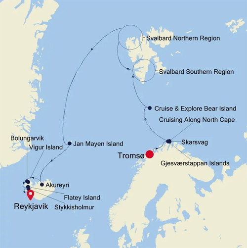 Expedition Cruises | 14-Night Arctic, Norway & Iceland Iinerary Map