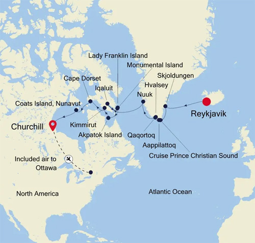 Expedition Cruises | 16-Night Arctic, Greenland & Canada Iinerary Map