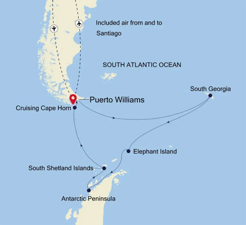 Expedition Cruises | 15-Night Antarctica Cruise: Puerto Williams Iinerary Map