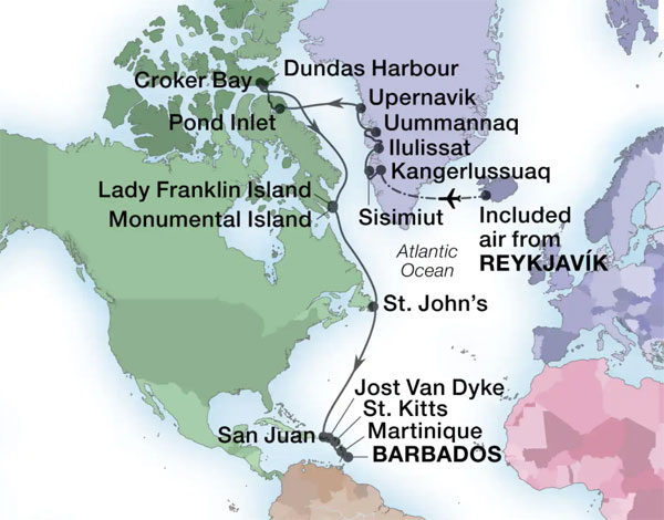 Expedition Cruises | 25-Night Greenland, Canadian Arctic & Atlantic Iinerary Map