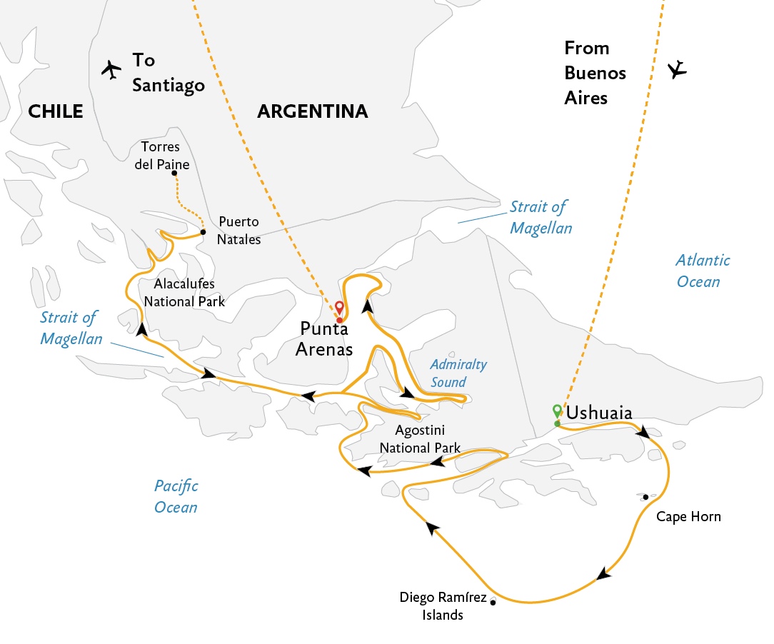 Expedition Cruises | 14-Night Essential Patagonia: Chilean Fjords and Torres del Paine Iinerary Map