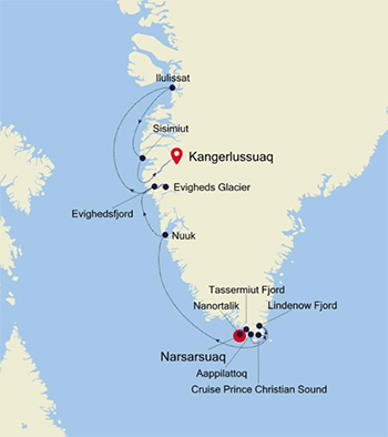 Expedition Cruises | 9-Night Arctic Criuse: Narsarsuaq to Kangerlussuaq Iinerary Map