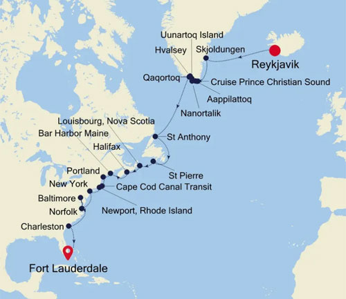 Expedition Cruises | 28-Night Arctic Cruise: Kangerlussuaq to Ft. Lauderdale Iinerary Map