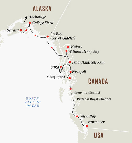 Expedition Cruises | 12-Night Alaska & British Columbia: Wilderness & Glaciers (Southbound) Iinerary Map