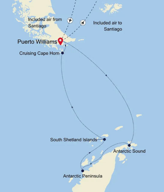 Expedition Cruises | 12-Night Antarctica Cruise: Puerto Williams Iinerary Map